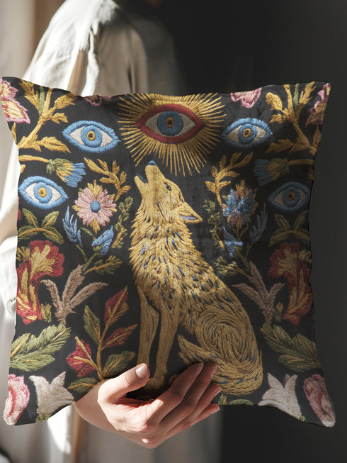 A square decorative throw pillow case with a dark charcoal background and a detailed, faux embroidery design. In the center, a golden-yellow howling wolf sits among colorful botanical flowers and leaves. Above the wolf is a celestial sunburst with a single protective evil eye. The central design is framed by more floral elements and six additional blue evil eye motifs, creating a symmetrical, mystical pattern. This gothic, witchy cushion cover has a distinct dark academia and bohemian aesthetic.